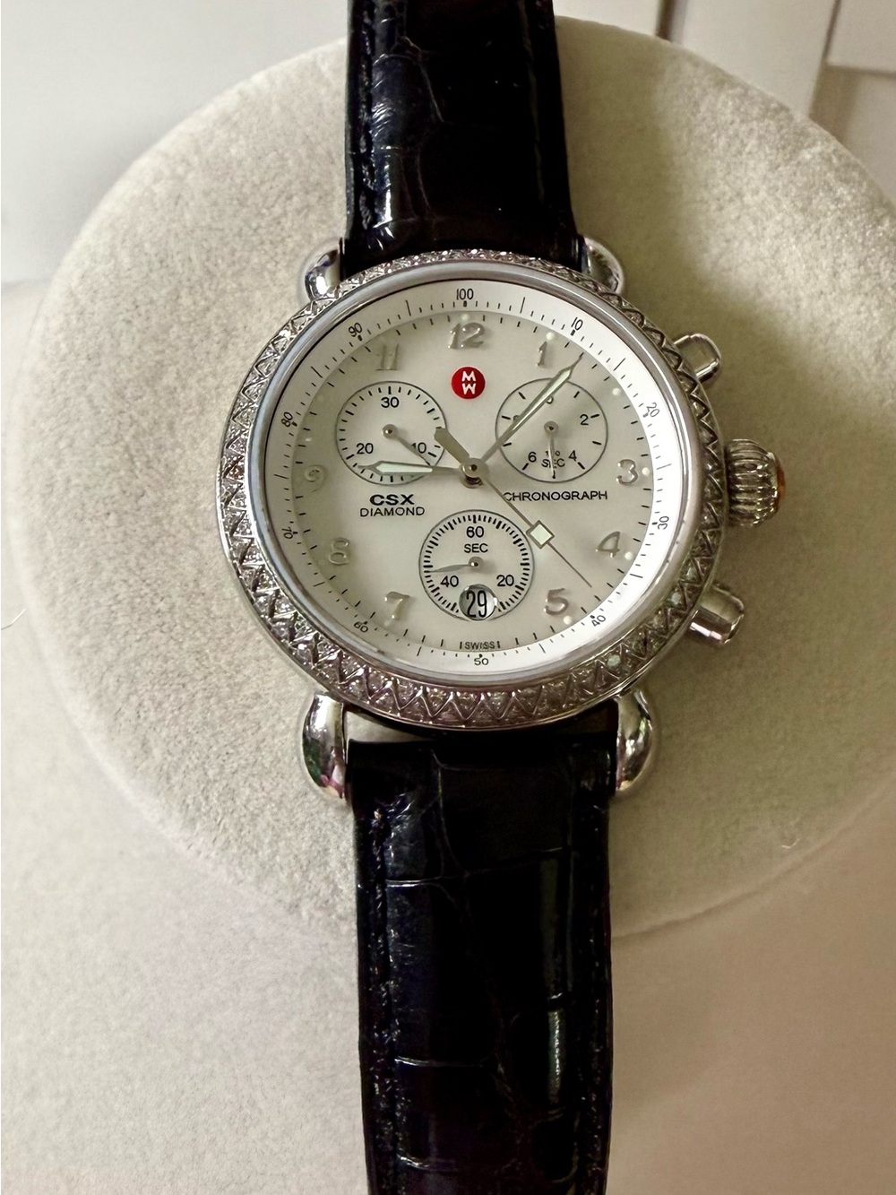 Flawless! Michele CSX Diamond Chronograph Watch - White Dial, Black Strap